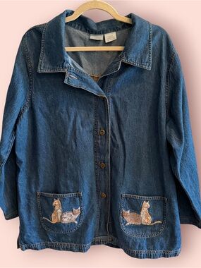 Vintage Cat Embroidered Denim Jacket Shirt